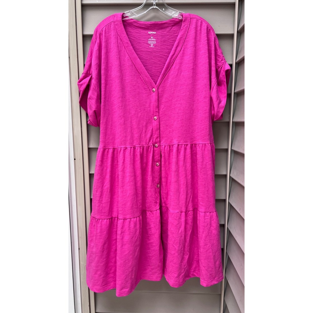 Sonoma Goods For Life Pink Tiered Button Front Mini Dress XL Hot Pink V-Neck
